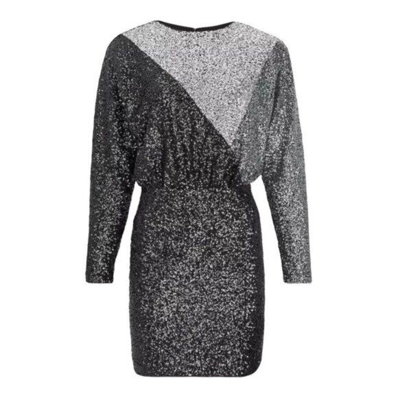 Express Women XS Colorblock Long Sleeves Black Silver Sequin PartyCocktail Dress - Picture 10 of 11